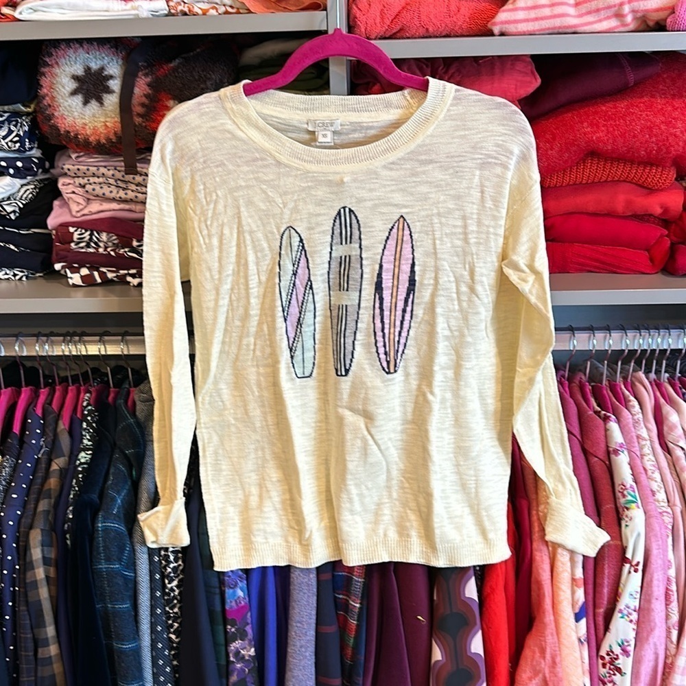 J Crew yellow with surf boards crew neck long light sleeve sweater size XS NWT​